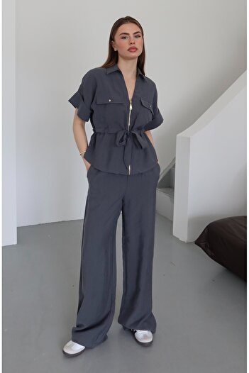 Laluvia Anthracite Front Zippered Belted Suit - 7222