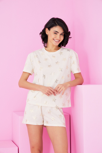 Siyah İnci Ecru Star Varak Printed Knitted Shorts Set7847
