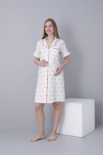 Miss Dünya Lissa Shirt Collar Front Buttoned Sleeve Ruffle Detailed Woven Fabric Maternity and Postpartum Nightgown