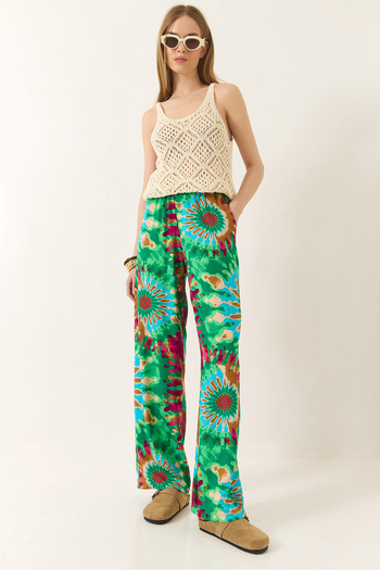 Bianco Lucci Women's Elastic Waist Patterned Pocket Detailed Flowy Viscose Palazzo Trousers 60284035