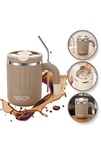 ECARLA Thermos Mug With Lid And Straw – 480 Ml, Brown