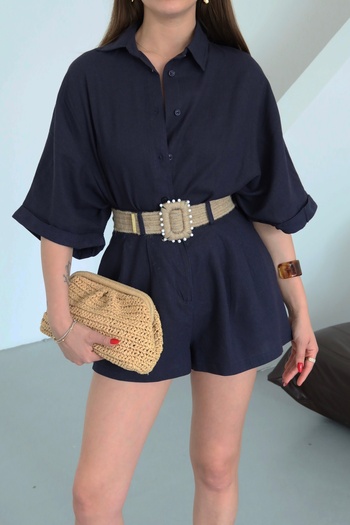 Laluvia Navy Blue Straw Belted Shirt Shorts Set - 51036