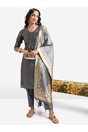 Vishudh By Styli Women Grey Printed Kurta Set with Dupatta