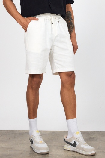 MADZEYMODA Men's Elastic Waist White Linen Shorts Ls-93099