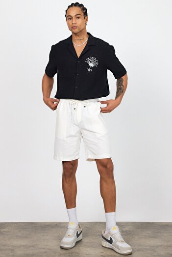 MADZEYMODA Men's Elastic Waist White Linen Shorts Ls-93099