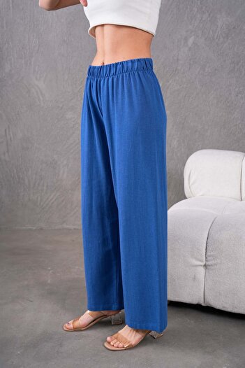 MVStore Women's Elastic Waist Wide Leg Comfortable Fit Linen Trousers