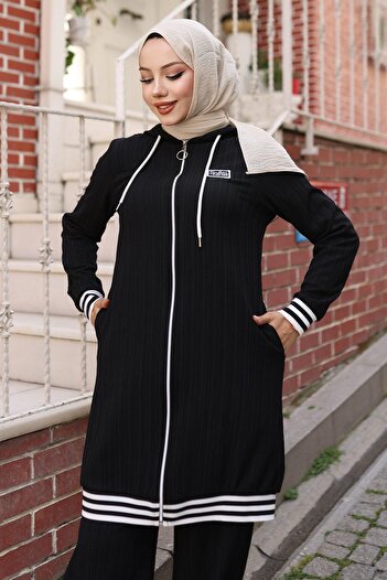 Modamihram Zippered Ribbed Suit Black 10405