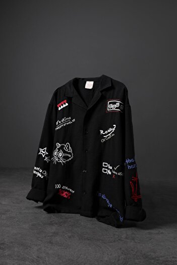 Slatra Men's Black Embroidery Detail Oversize Long Sleeve Shirt