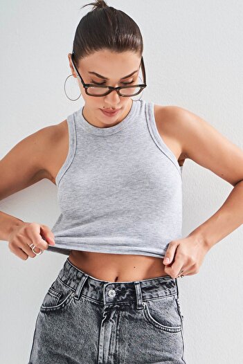 its basic Kadın Gri Renk s5-107 Halter Yaka Esnek Kaşkorse Kumaş Crop Top Body