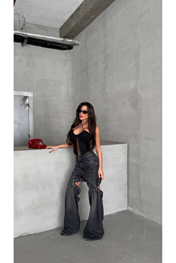 DENİKK TREND ÖZEL TASARİM WİDE LEG PALAZZO JEAN DENİM YIRTIK DETAY PANTOLON