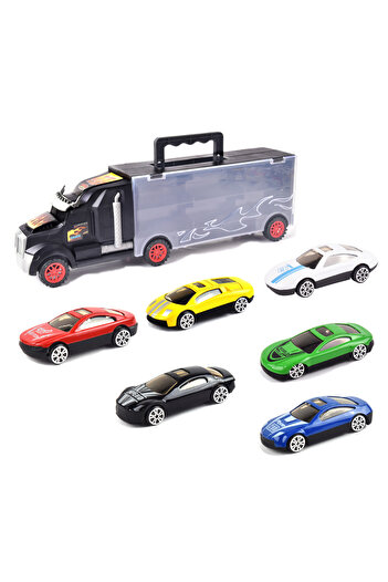 PLAYZO Truck Carrying Case with 6 Die-Cast Cars Portable Storage Toy Transporter for Kids