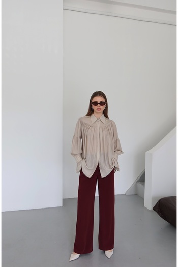 Laluvia Dark Beige Shirred Design Shirt - 102116