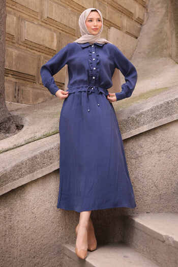 İmajButik Indigo Ruffled Front Modal Shirt Skirt Suit