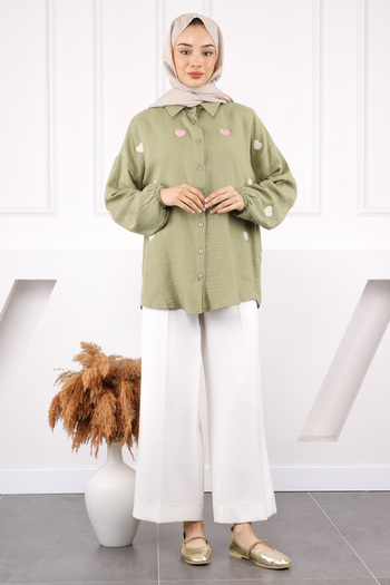 İmajButik Khaki Heart Embroidered Linen Shirt