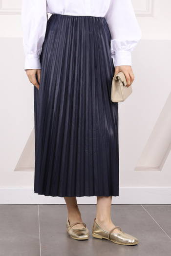 İmajButik Navy Blue Elastic Waist Pleated Skirt