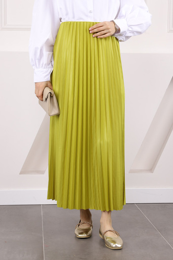 İmajButik Oil Green Elastic Waist Pleated Skirt