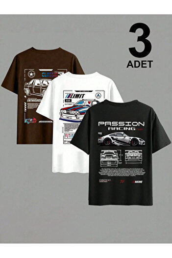 darkopia Unisex Classic, Limit, Passion Cars μπροστινά και πίσω με στάμπα 3 τεμαχίων μεγάλου μεγέθους μπλουζάκια 3 συσκευασιών