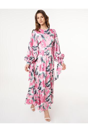 Kayra Floral Pattern Satin Dress Powder