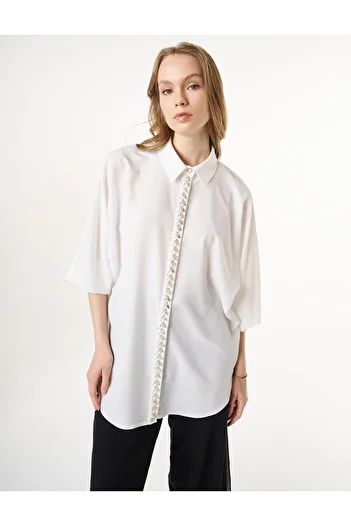 Kayra Embroidered Ecru Shirt Collar Tunic