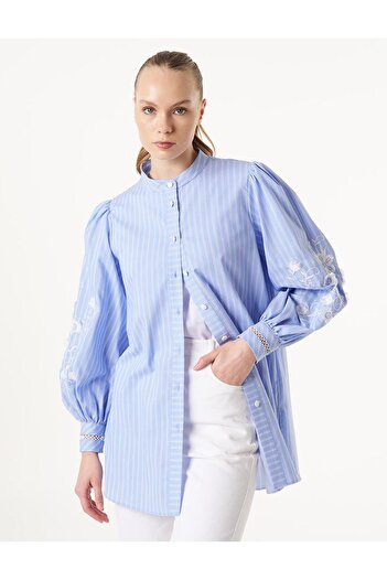 Kayra Havachi Blue Tunic - Λεπτομερής με ρίγες και κέντημα