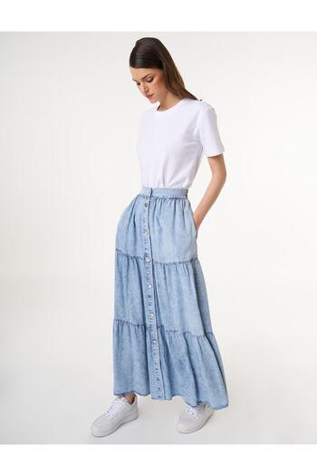 Kayra Button Closure Lyocell Skirt-Ice Blue - 40