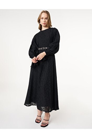 Kayra Black Organza Detailed Jacquard Dress