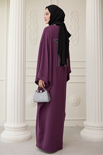 InStyle Dökümlü Taşlı Elbiseli Mor Abaya