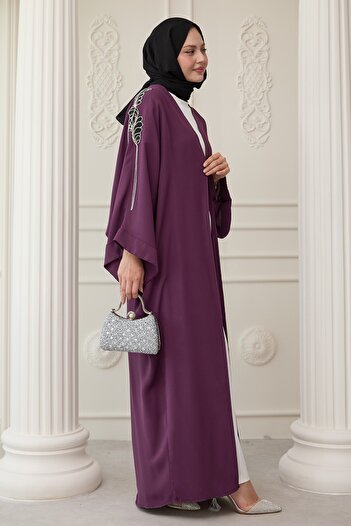 InStyle Dökümlü Taşlı Elbiseli Mor Abaya