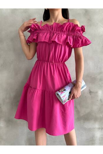 LE CARAMBOLE Women's Fuchsia Ruffled Madonna Collar Pocket Detailed Short Summer Dress