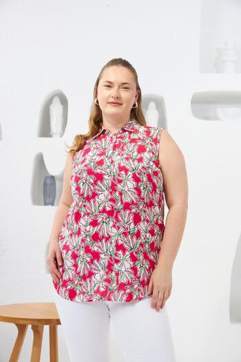 RMG Zero Sleeve Magical Size Blouse - Fuchsia - Patterned Shirt