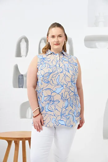 RMG Zero Sleeve Plus Size Blouse - Indigo - Collar Pattern