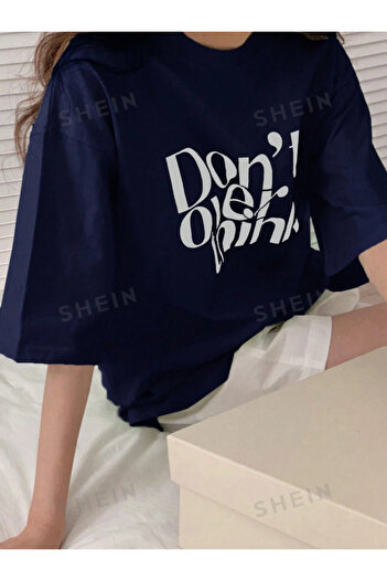 Revasser Unisex Erkek/Kadın THİNK Özel Baskılı Oversize Pamuklu Bisiklet Yaka T-Shirt