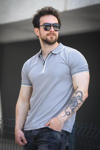 Oksit Calep Collar Striped Slim Fit Zippered Polo Collar Men's Tshirt