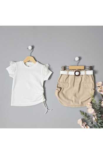 BLR KİDS Girl Linen Skirt Stone Detailed Suit