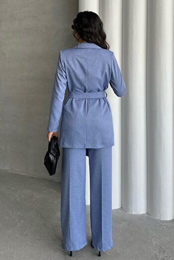 MD trend Kadın Kuşaklı Kruvaze Oversize Blazer Ceket Ve Straight Pantolon İkili Klasik Takım