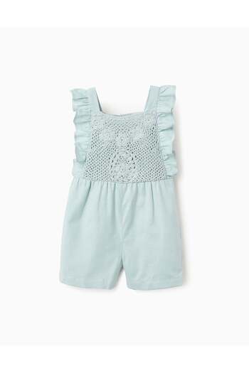 Ziddy Cotton and Linen Jumpsuit with Crochet for Baby Girls, Aqua Green