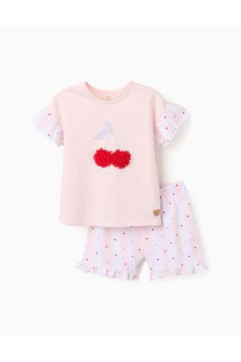 Ziddy Cotton Pyjama with Ruffles and Motif for Girls, Pink/White