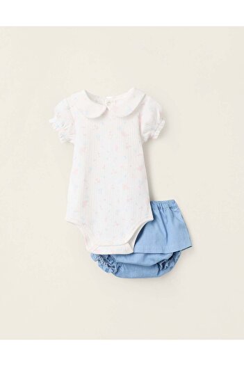 Ziddy Bodysuit + Bloomers for Newborn Girls, White/Blue