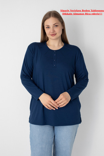 Orly More Viscose Fabric Mini Slit Plus Size Long Sleeve Mother Combed Cotton Blouse with Collar and Button Detail