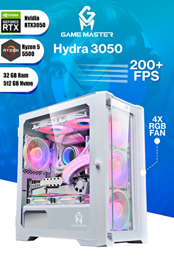GM Game Master Hydra 3050 Ryzen 5 5500 Cpu 32gb 3200mhz Ram 512gb Nvme M.2 Ssd Rtx3050 Beyaz Gaming Pc