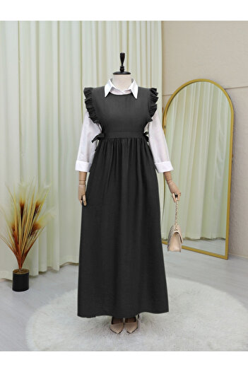 Modamorfo Tie Waist Ruffle Detailed Gilet Dress -Black