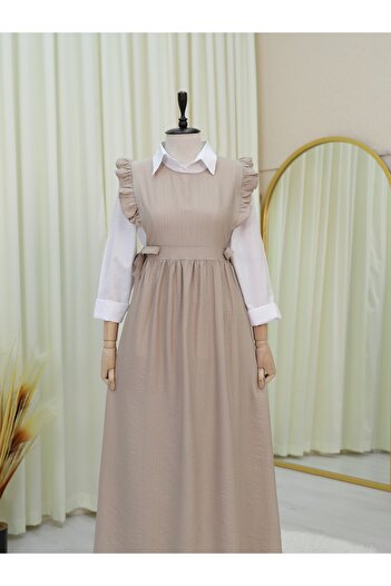 Modamorfo Tie Waist Ruffle Detailed Gilet Dress - Mink
