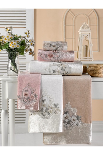 Durul Velvet Fancy Guipure Hand Towel Basket Model 50*90 cm 3 Pieces Pk