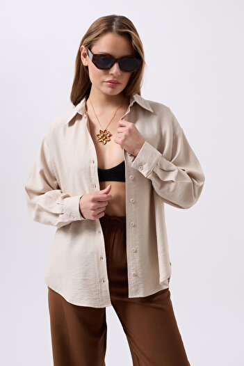 Clu Brisa Beige Linen Blended Oversize Shirt