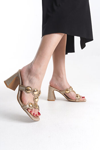 MARSEDO Women's Heeled Trop Evening Dress Slippers, Gold Color