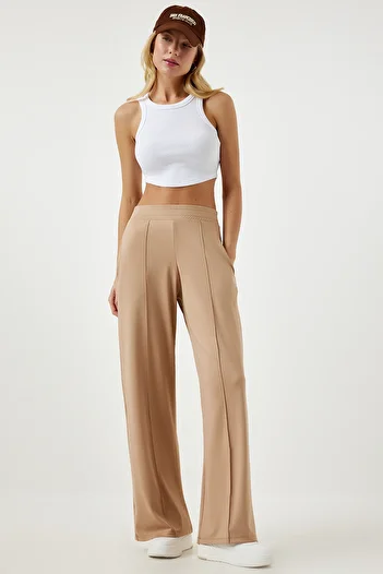 Happiness İstanbul Women's Dark Beige High Waist Scuba Palazzo Pants Bf00104