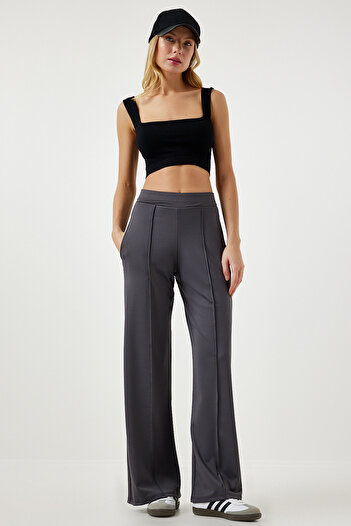 Happiness İstanbul Women's Anthracite High Waist Scuba Palazzo Pants Bf00104