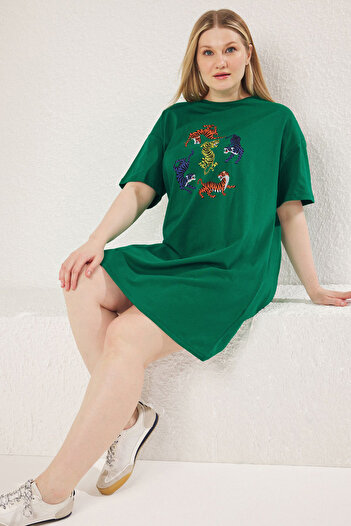 Trendyol Curve Green Crew Neck Leopard Print 100% Cotton Knitted Plus Size T-Shirt Dress Tbbss23Ah00163