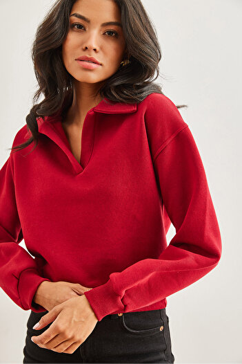 Olalook Claret Red Polo Collar Crop Women's Sweatshirt - Raster Swt- 19000684