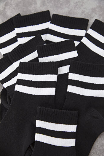 Trendyol Collection Μαύρες Unisex 10'lu ριγέ βαμβακερές κολεγιακές/τένις αναπνέουσες καλοκαιρινές κάλτσες TMNSS25CO00019